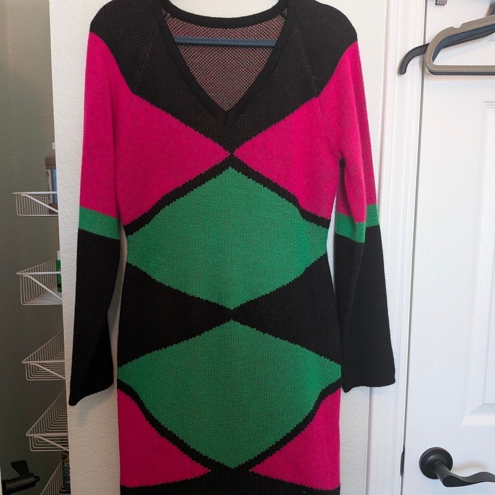 SHEIN Sweater Dress Womens Large Pink Green Black Geometric Diamond Knit V-Neck